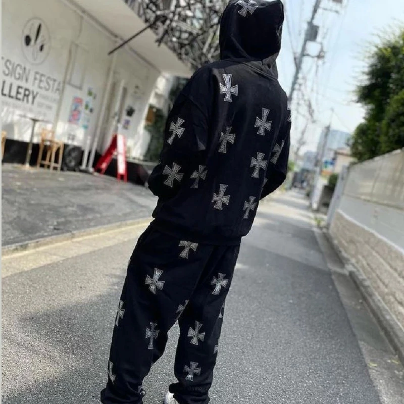 Rhinestone Gothic Streetwear Green Zipup Hoodie Hip Hop Joggers Sweatshirt Korean Fashion Punk Sport Coat Pullover