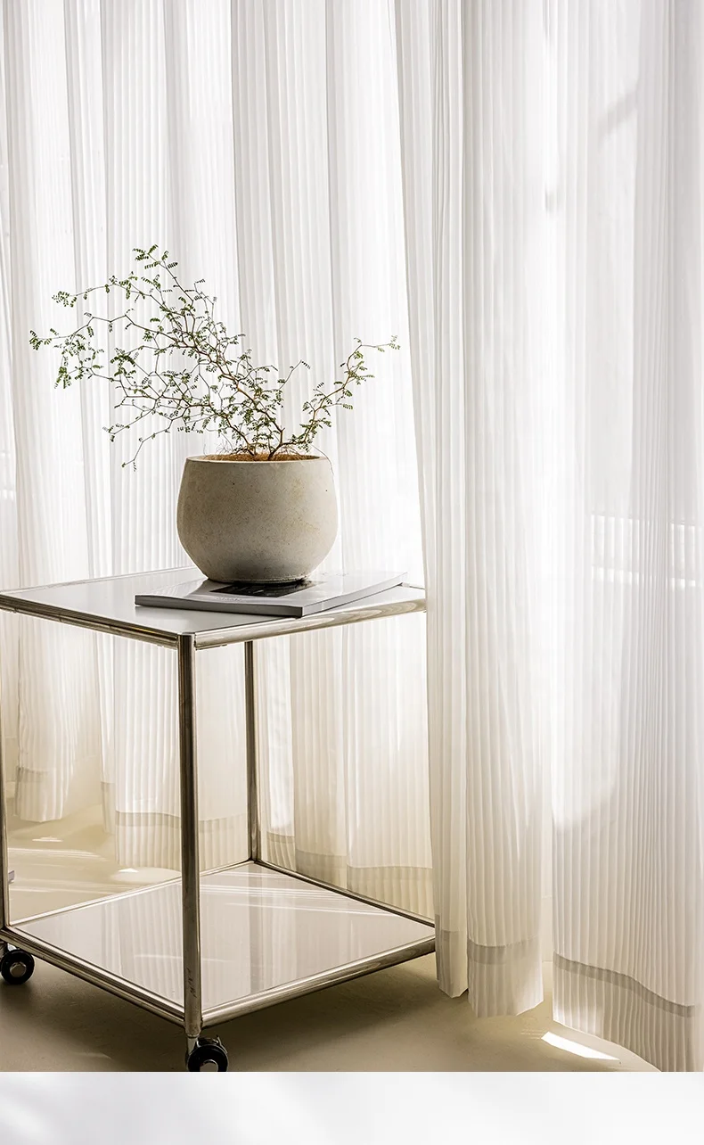 Fancy White Voile Light Filtering Vertical Striped Louver Sheer Curtains For Living Room