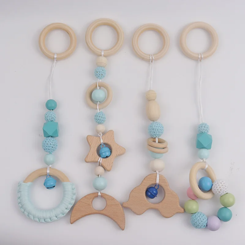 4Pcs Baby Gym Wood Toys Wooden Hanging Toy Activity Pendant Hanging Dangling Teething Soother Sensory Toys Nursery Decor