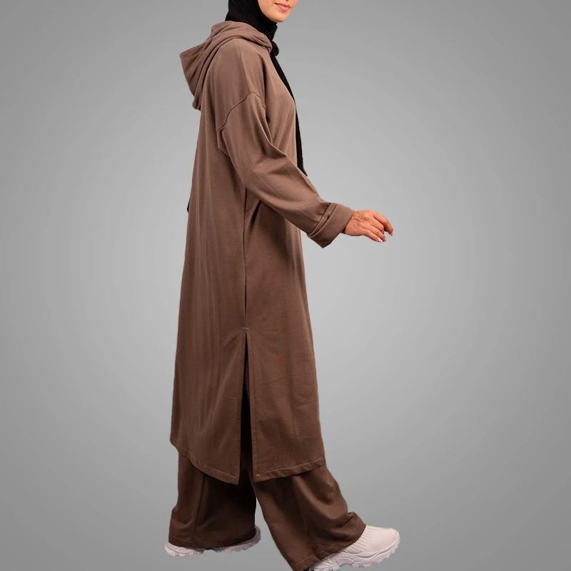 Newest Muslim Women Hoody Abaya Dress 2-Piece Set Basic Top With Pants Everyday Tunic Islamic Clothing Lady Blouse