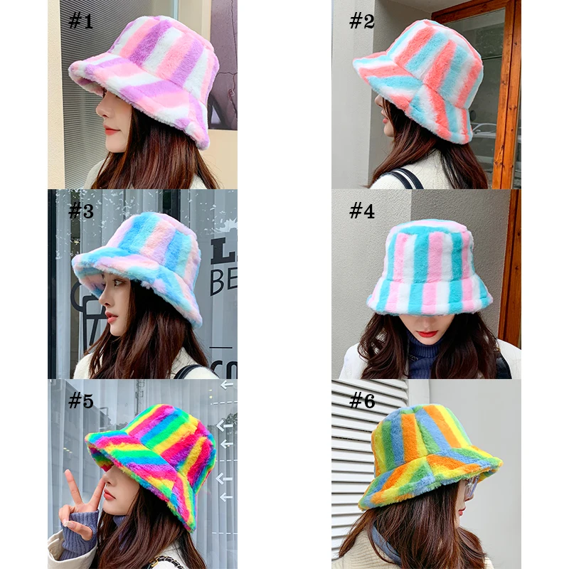 .2022 Faux Fur Bucket Hat For Women Winter Thicken Warm Rainbow Colorful Striped Luxury Bucket Hat