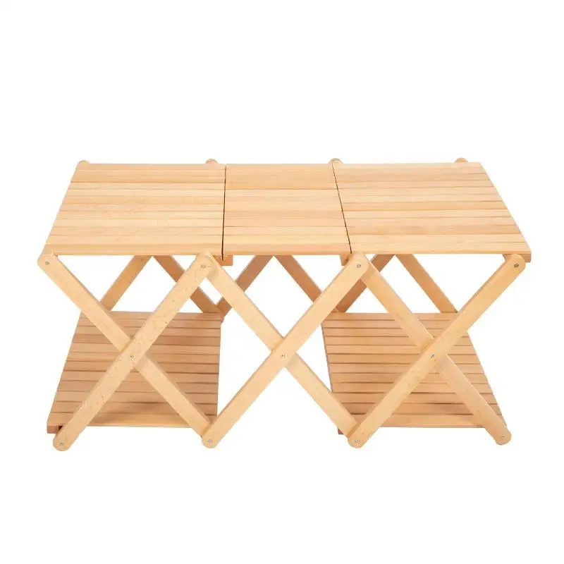Nature Beech Wood 2 in 1 Portable Multi-Layer Rack Folding Wooden Camping Picnic Garden Outdoor Table for Outdoor Picnic