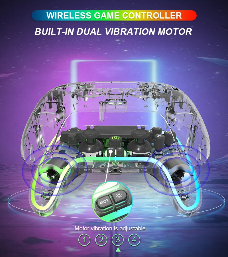 New Gamepad Wireless Joystick Built in Dual Vibration Motor Game Accessories Transparent Shell Controller for ps4