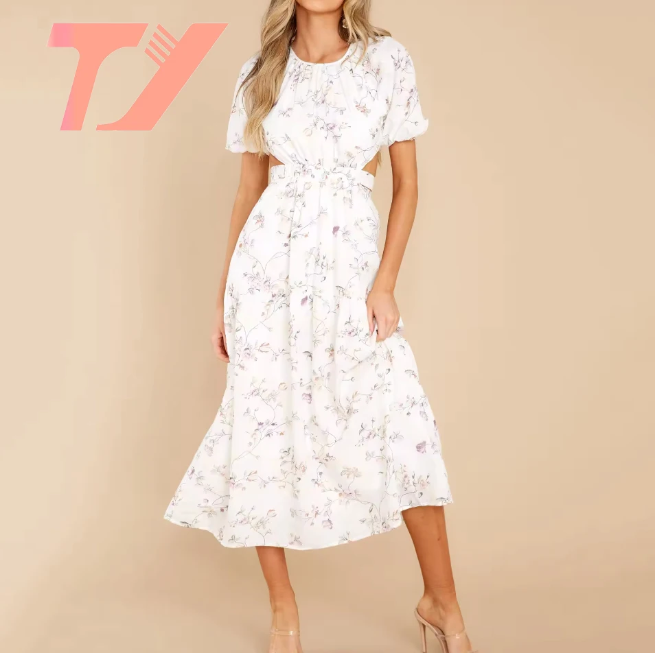 TUOYI Custom Hot Selling Summer Women Clothing Fashion Puff Short Sleeve Design Floral Print Hollow Out Lace Ladies Maxi Dress