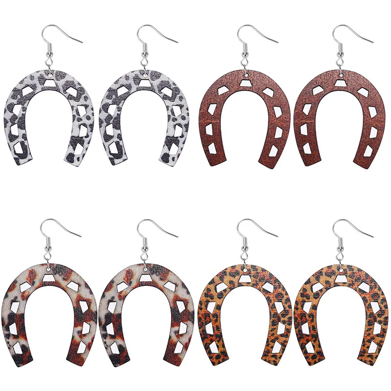 Ethnic Wholesale Geometric U Shape Pendant Earrings For Women Western Cowboy Horseshoe Shaped Wooden Drop Earrings