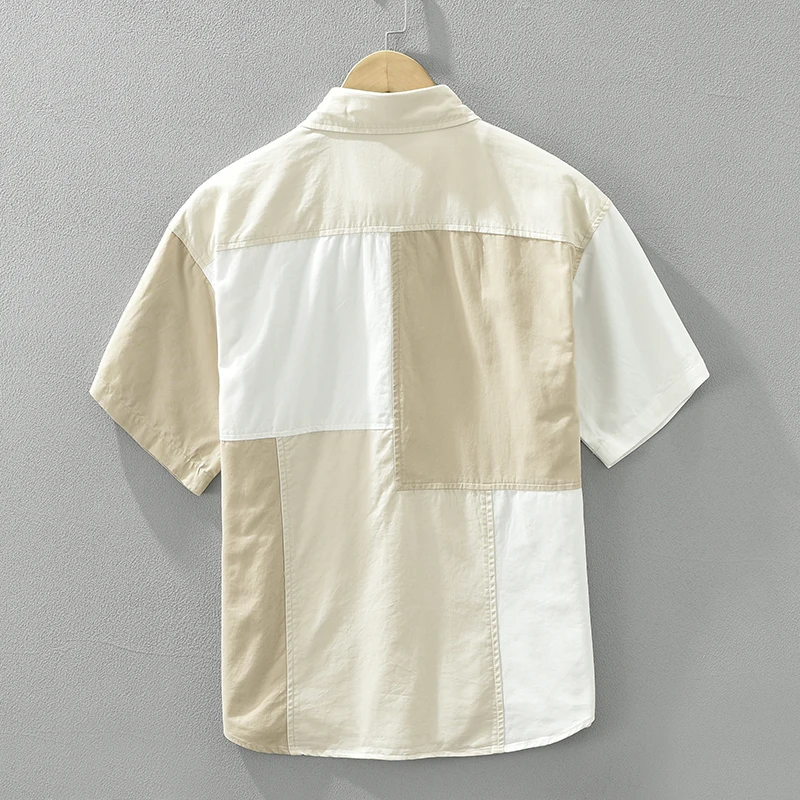 Men Vintage Patchwork Shirt Block Short Sleeve Hawaiian Shirt Button Down Casual Hippie Tops