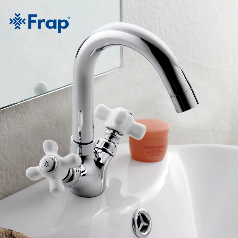 Frap Classic Design Chrome Body White Dual Handle Sanitary Ware Bathroom Zinc Basin Faucet Mixer Tap