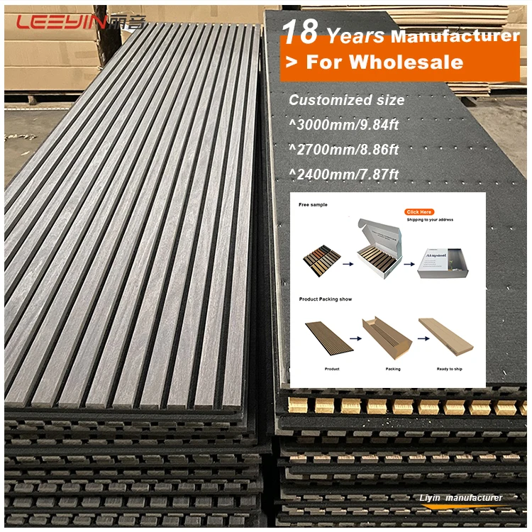 Sound Absorption Decorative Board Polyester Pet Bottom Slatted Wood Veneer Acoustic Panel for Interor Wall And Ceiling