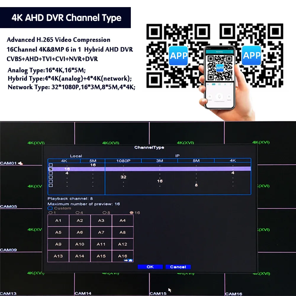 4K 8MP  960H  CCTV Camera XMeye  H.265+ 16 Channel 16CH 8M 6 in 1 Hybrid TVi CVI NVR AHD DVR System Video Recorder