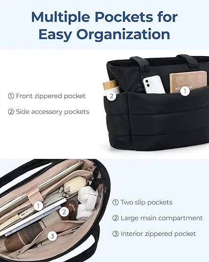 Lightweight Polyester Tote Bag for Women Puffy Design for Travel Work Beach Gym or Shopping with Fun Letter Pattern