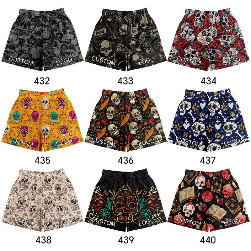 High quality OEM Summer Breathable Mesh Shorts Skull Pattern Sublimated mesh hole shorts mesh shorts