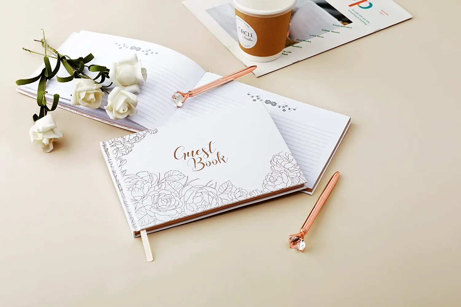 Wedding Guest Memory Book  White Elegant Hardcover Rose Gold Gilded Edge Hardbound Wedding Guest Book With 100 Pages