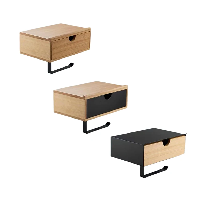 Hot Selling Self Adhesive Phone Shelf Bamboo Toilet Paper Roll Holder with Storage Drawer