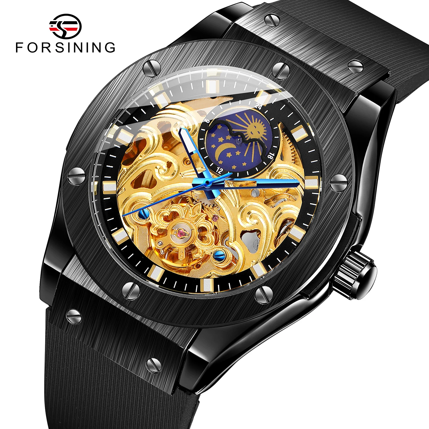 FORSING Top Luxury Brand Men Automatic Mechanical Watch Golden Metal Series 3D Skeleton Dial Moon Phase Male Wrist Watches