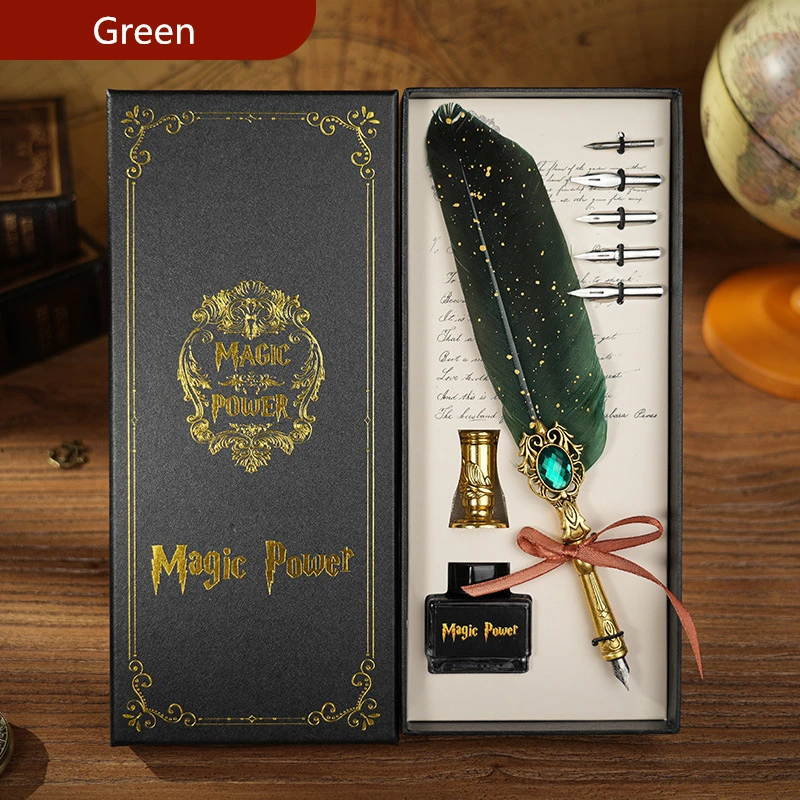 European-Style Retro Diamond Gold Sprinkling Feather Dip Pen Set Novelty Company Promotion Gifts For Men Women Souvenir Birthday