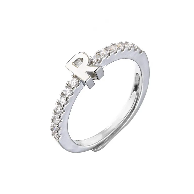 Women gold ring A-Z initial letter ring adjustable with zircon