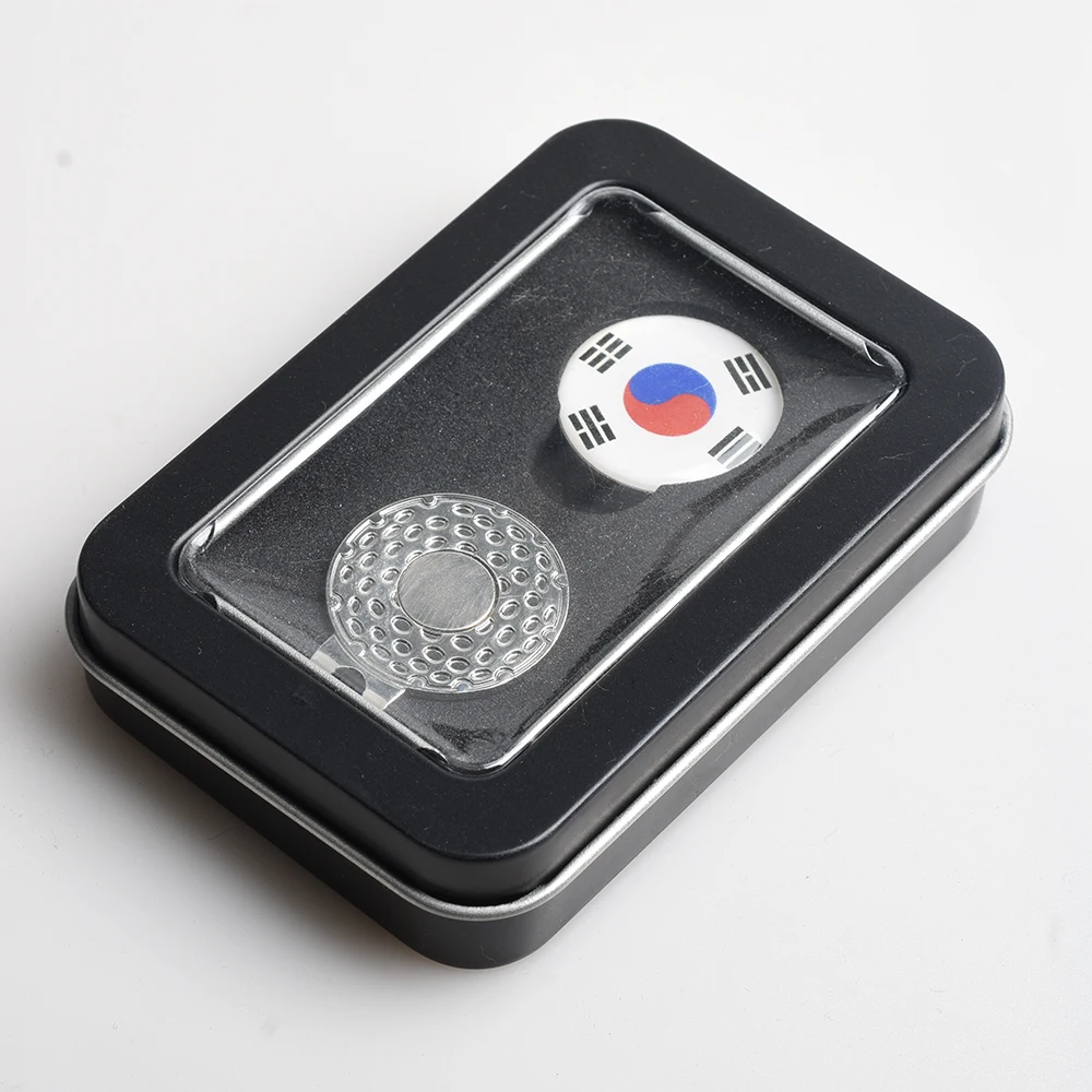 Korea Hot Selling Tinplate Box Golf Gift Flag Hat Clip Marker South Korea Flag Golf Hat Clip Flag Pattern Marker Gift Box