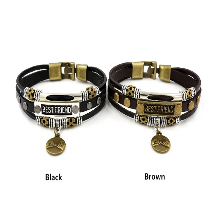 Многослойный мужской кожаный винтажный браслет с бусинами и золотыми перьями