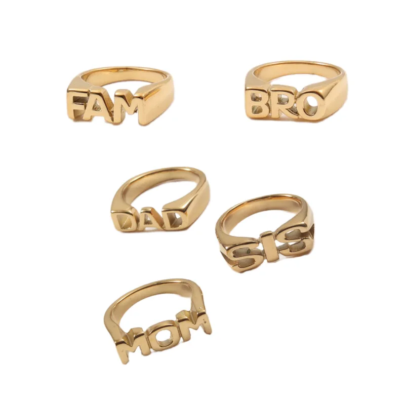 DAD SIS MOM Stainless Steel Waterproof PVD Gold Color Attractive Statement Cast Family Hollow Letter Chunky Ring Fine Jewelry