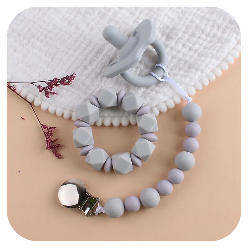 Baby Pacifier Clip + Silicone Pacifier Teether + Silicone Beads Bracelet 3Pcs/Set Toddlers Product Boy Girl Pacifier Dummy Clip