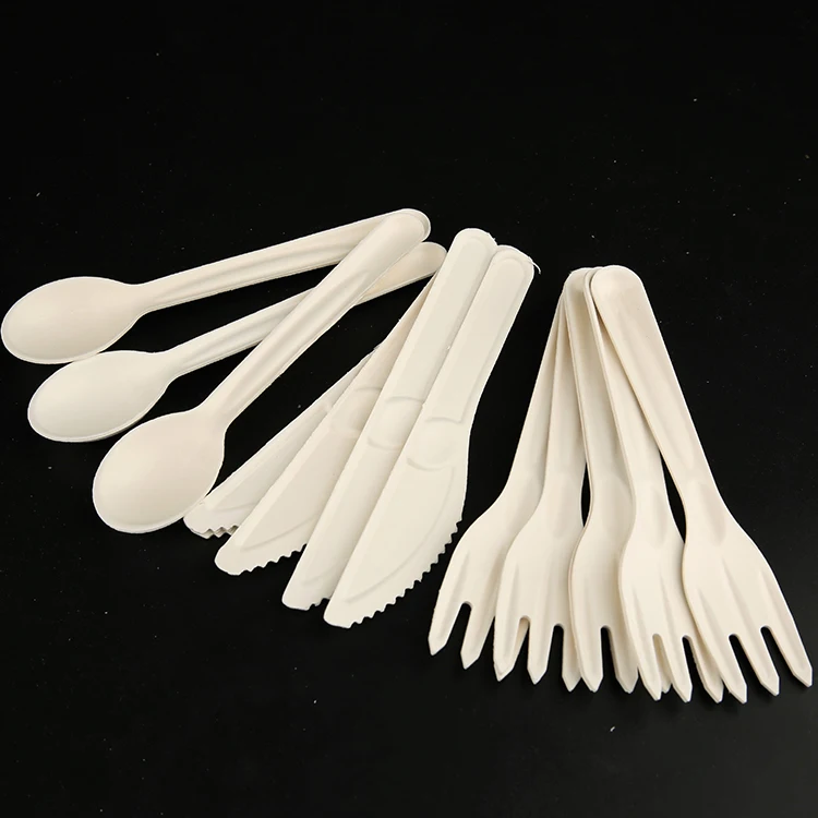 Biodegradable Disposable Sugarcane Pulp White edible cutlery bagasse paper knife fork spoon