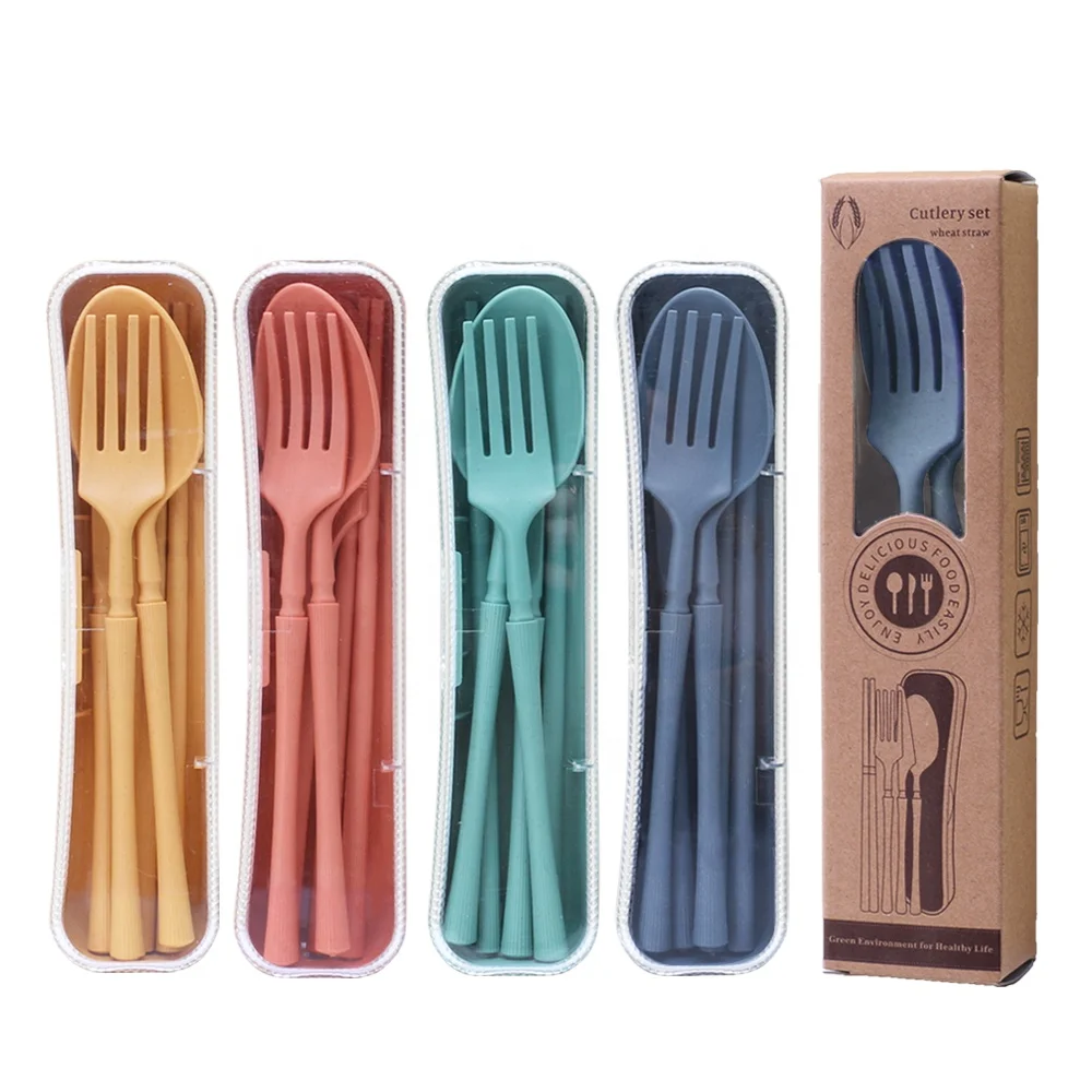 Vertical Wheat Straw Tableware Set Knife Fork Spoon Chopsticks Four-piece Student Outdoor Portable Tableware