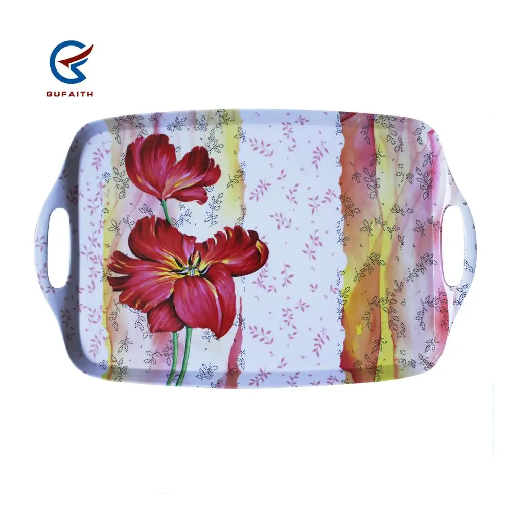 Melamine 19 Inch Serving tray with handle Plastic Handle Tray With Printed Flower Theme