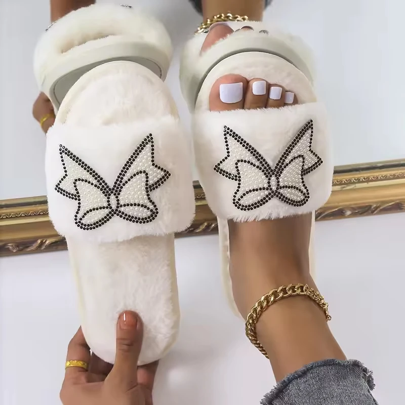 Уютные тапочки с открытым носком и ремешком зимние домашние женские пушистые плюшевые из искусственного меха для женщин