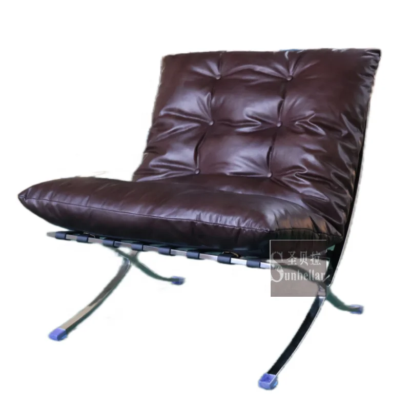 Retro Lounge Chair Genuine Leather Tufted High End Leisure Chair Stainless Steel Chairs for Waiting Room Living Room Club