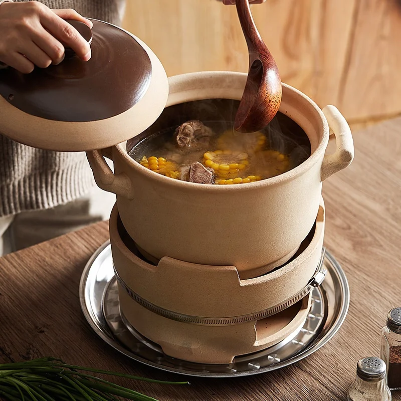 Household Old Fashioned Clay Fire Stewed Casserole Chrcoal Stove Barbecue Stove with Stainless Steel Baking Tool