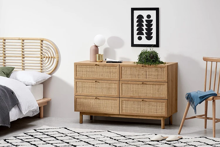 Rattan Furniture Modern Nordic Living Room TV Stand Kitchen 6 Wooden Chest Drawers Storage Cabinet