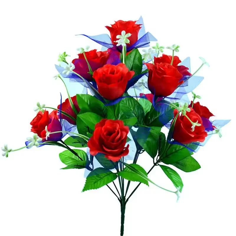 Wholesale 12 Heads Silk Rose Bud Artificial Cemetery Flowers Outdoor Grave Decorations Roses Memorial Flowers