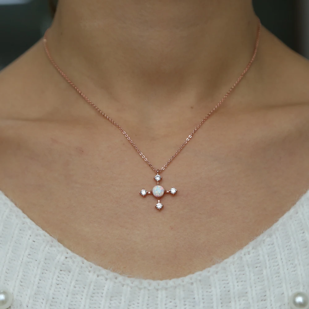New fashion beautiful opal cross pendant necklace with CZ paved tiny link chain cross charm wedding women jewelry