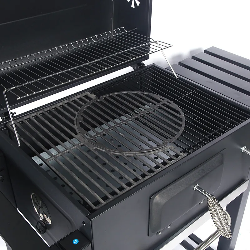 Big Barbecue Black Outdoor Meat Smoker Square Large Charcoal Trolley BBQ Grill with Side Table