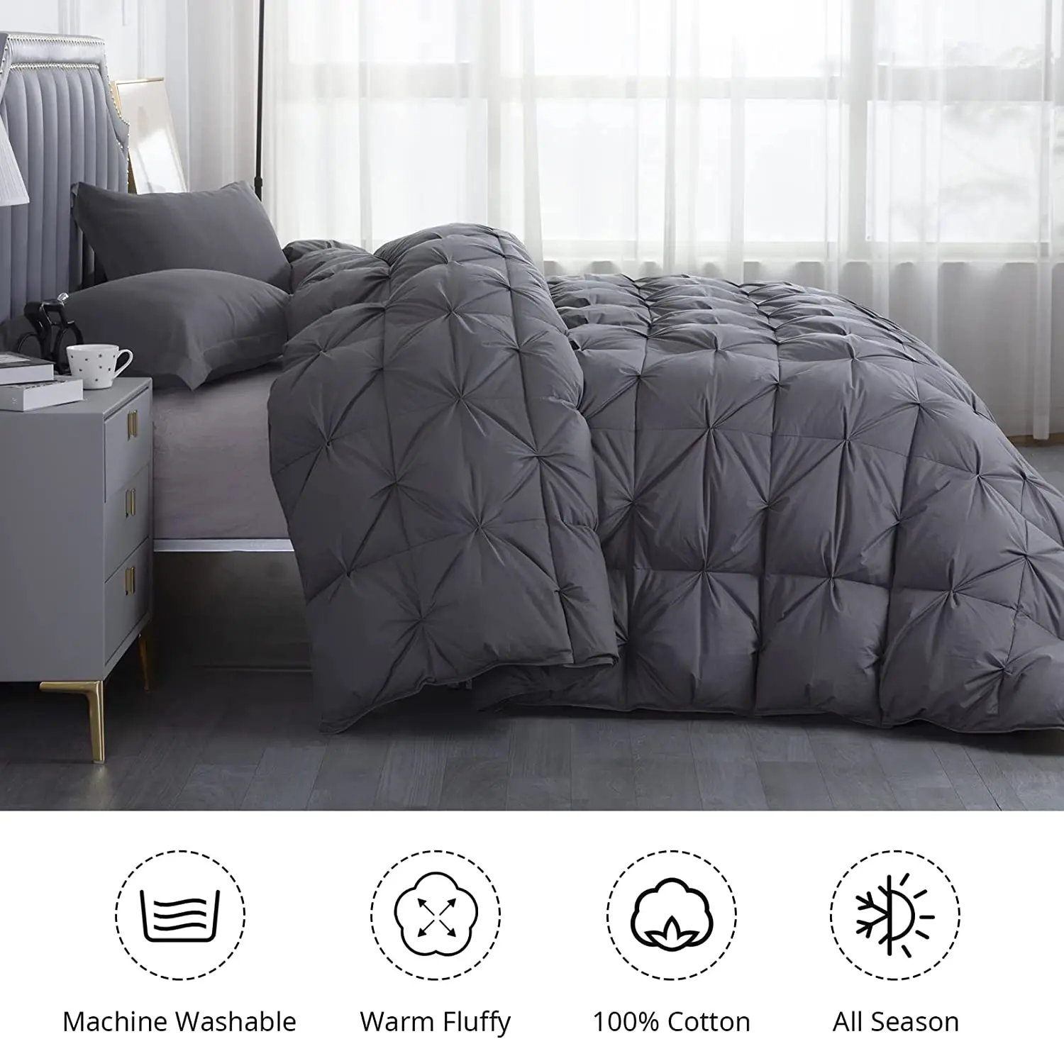 Grey Pinch Pleat  120x120 Oversized King Goose Feather and Down Comforter Fluffy Extra Large Comforter