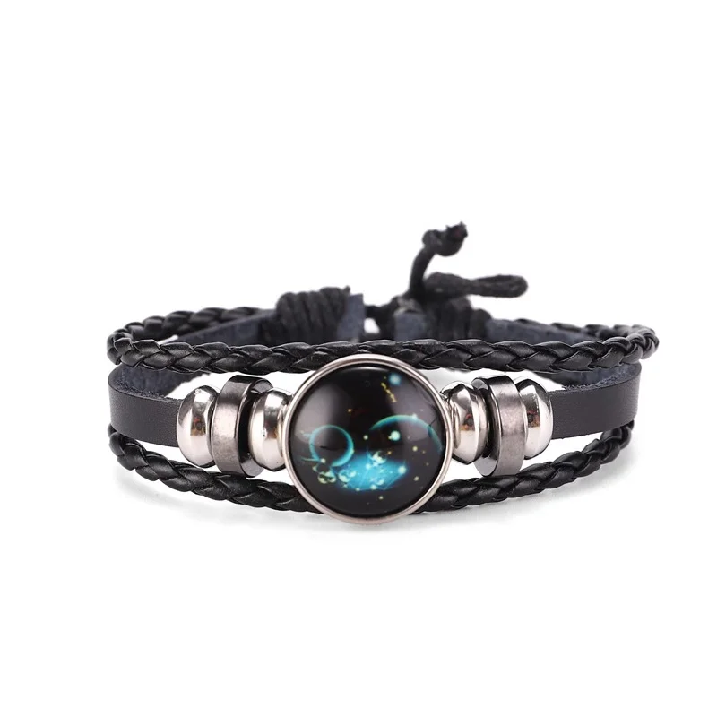 V&R 12 Zodiac Luminous Constellations Bracelets beaded Handmade Charm Punk Rock Braided Men Leather Bracelets