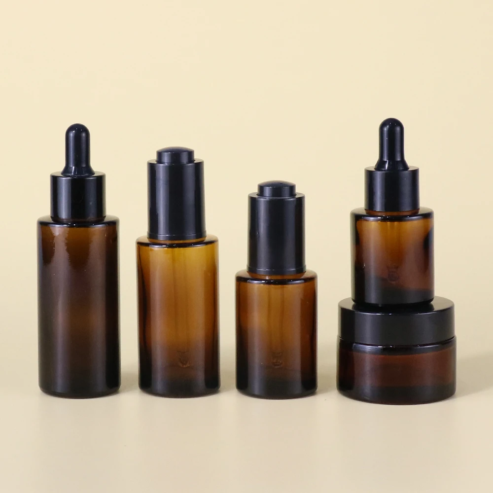 Amber 20 30ml 50ml 60ml 100ml 120ml toner flat shoulder cylinder glass dropper bottle for serum essential oil with black dropper