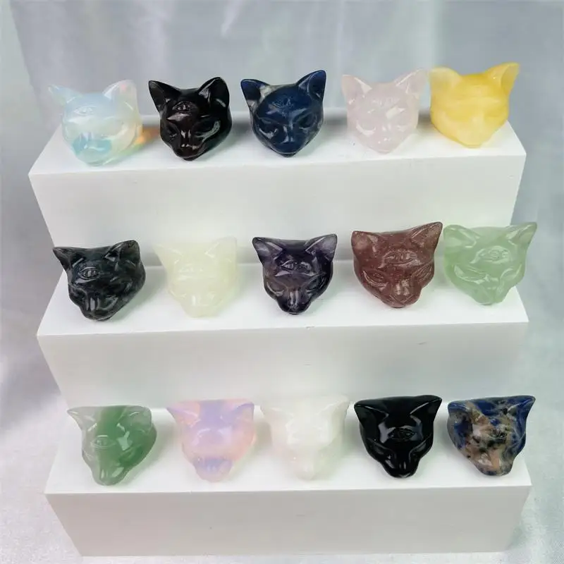 Wholesale MIni Size Natural Stone Three Eyes Cats Crystal Carving Crafts Gemstone Egyptian Cat Head Crystal Carvings Animals