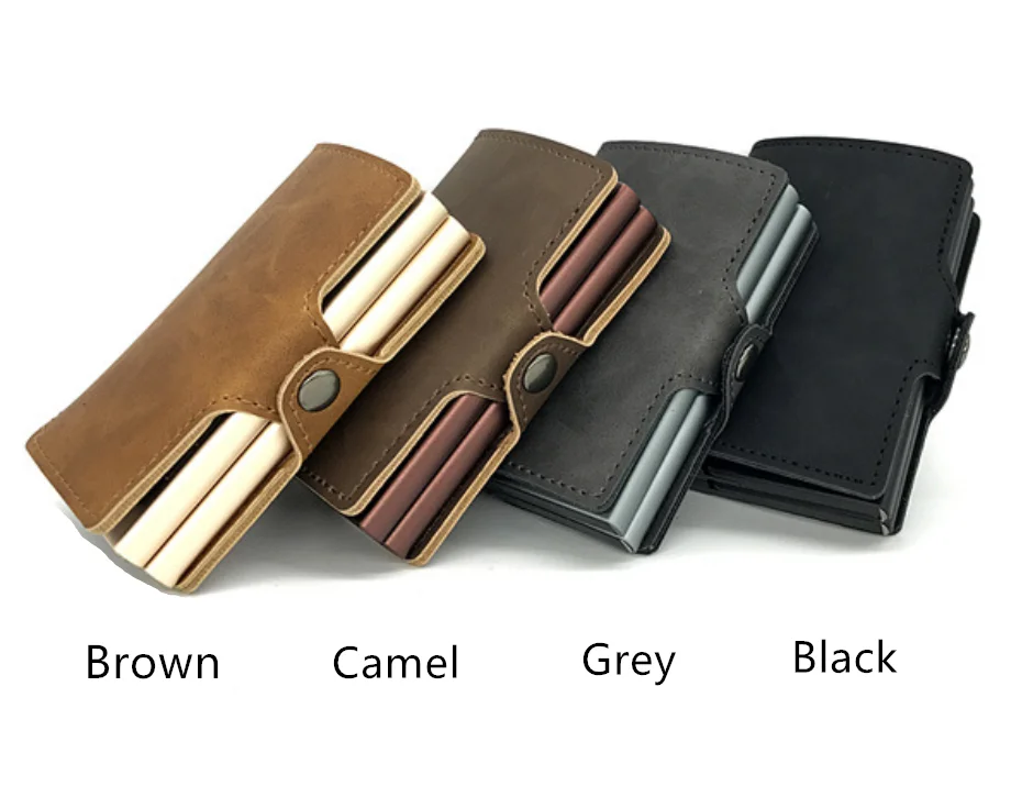 RFID Blocking PU Leather Wallet With Two Aluminum Automatic Card Boxes Pop Up Metal Cards Case Holder Slim Wallet Portable Clip