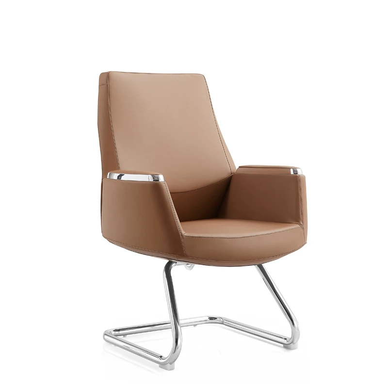 Steel frame armrest luxury office leather meeting chairs upholstered conference chair without wheels