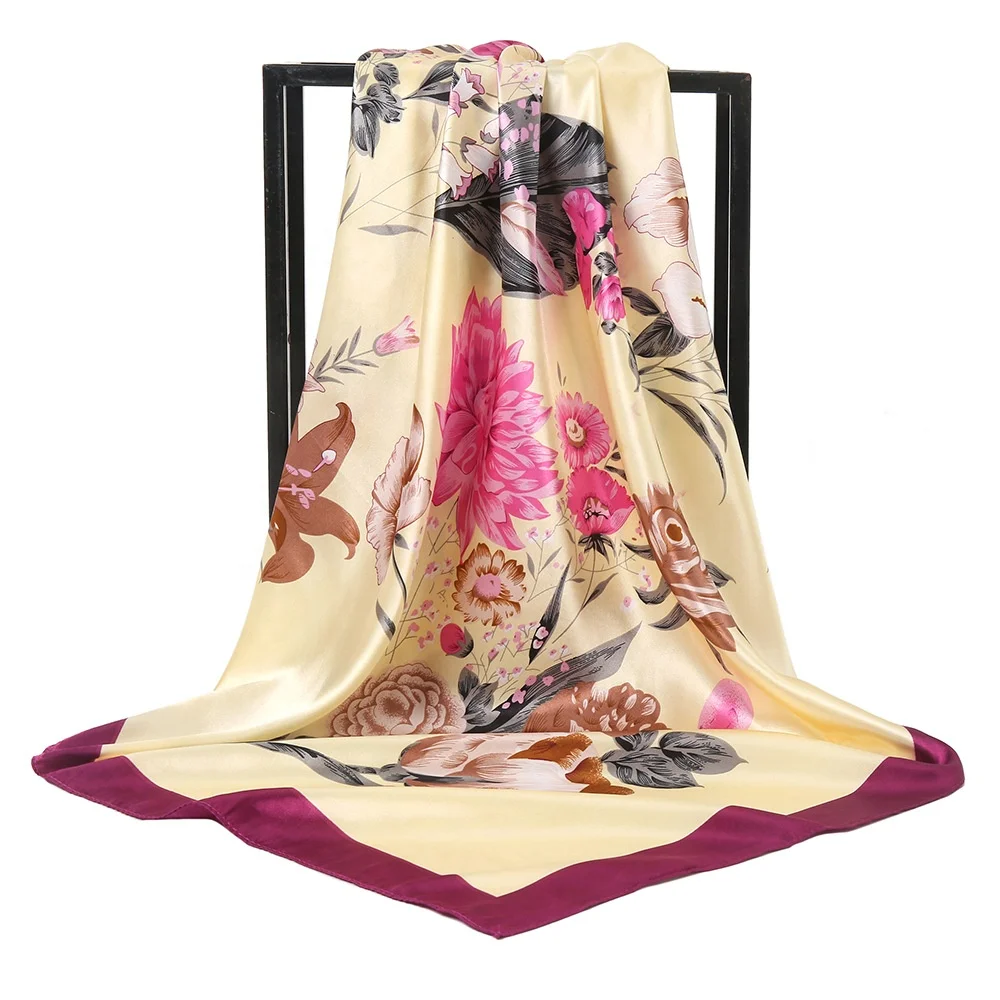 Поставка фабрики с цветочным принтом шелковый шарф для женщин роскошного фирменного дизайна; Цвет искусственная сатиновый платок шаль платок хиджаб шарф для женщин 90*90 см