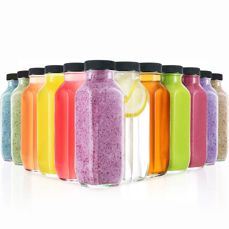 250ml 350ml 500ml Glass juice bottle. 8oz 12oz 16oz glass square shape juice bottle with cap
