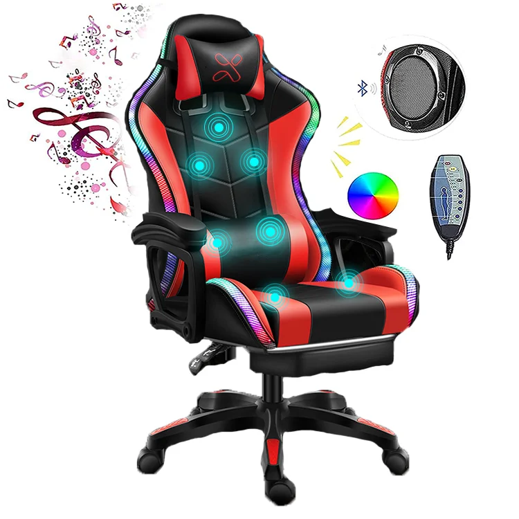 Swivel PVC Home Office Chair Racing Style Ergonomic Massage with RGB Gaming Feature Leather and Metal Materials