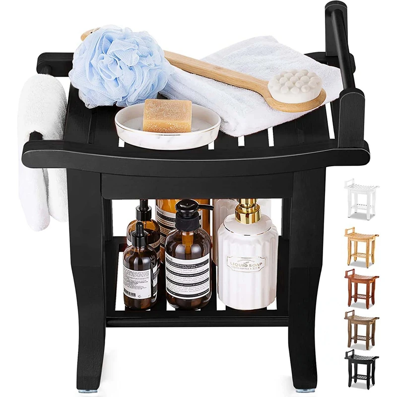 Bamboo Shower Bench with Storage Shelf, 2-Tier Spa Seat Bath Stool for Bathroom