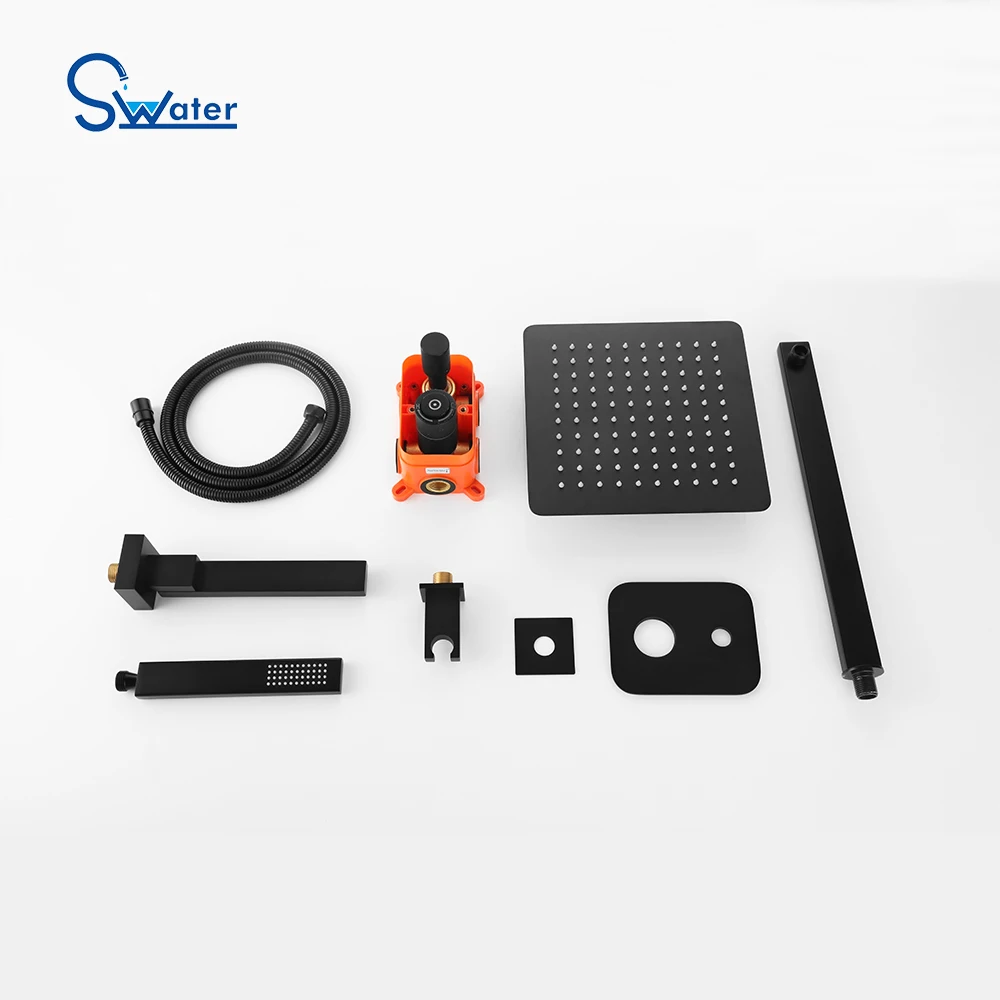 
SWATER S02 thermostatic in wall faucet luxury bath bathroom rain shower set, black hot and cold stainless steel no sliding bar 
