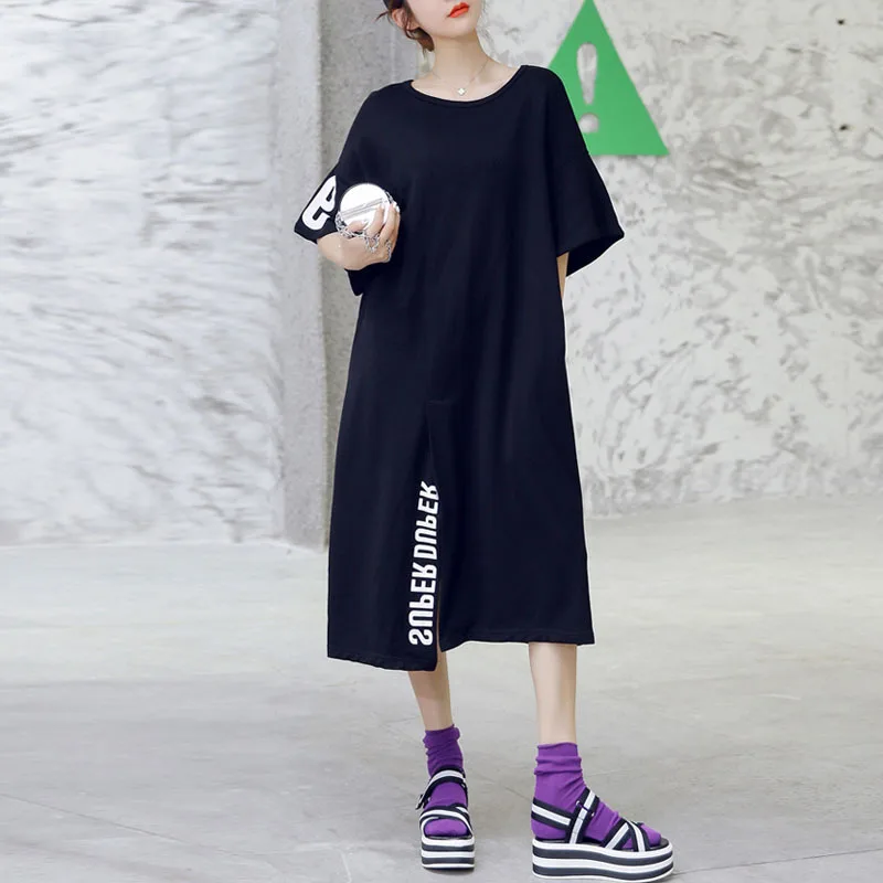 Wholesale European Large Oversized Sexy Slit Cotton Long Summer Dress Fashion Women Clothing Letter Printed Midi T Shirt Dresses