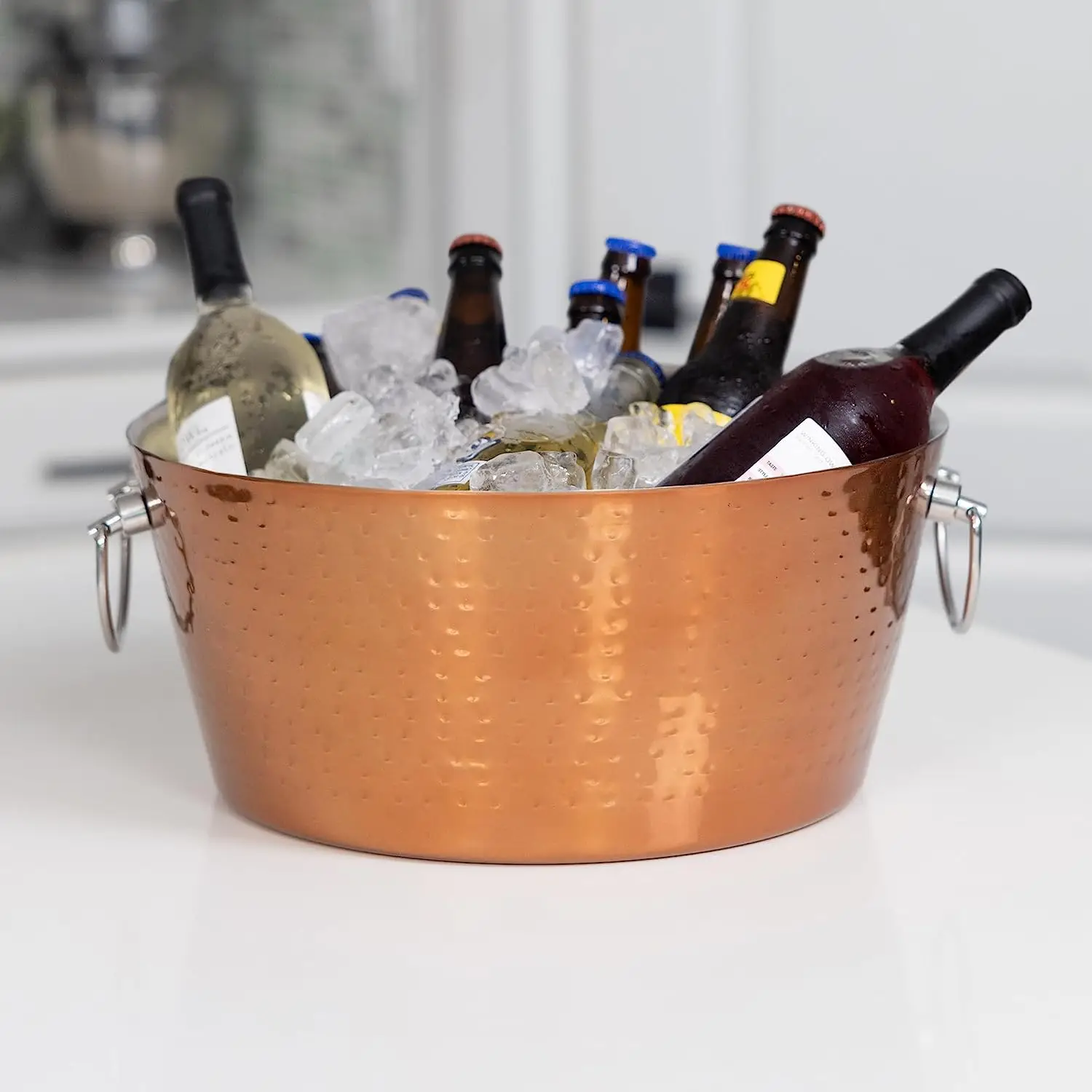Rose Copper Hammered Stainless Steel Beverage Tub Double Walled Insulated Anchored Drink Tub Ice Bucket Drink Chiller for Party