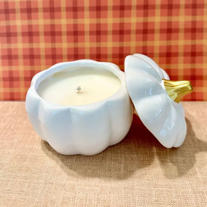 Halloween decor cute pumpkin shape ceramic candles vessels gift custom luxury 7 oz frosted empty candle jar with lid