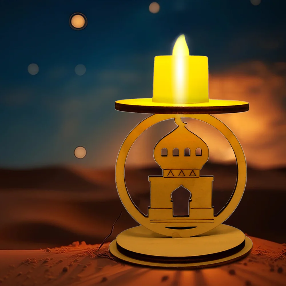 Eid Mubarak Arabic Candle Holder Wood Moon Decor for Home Ramadan Gift Islamic Candle Stand