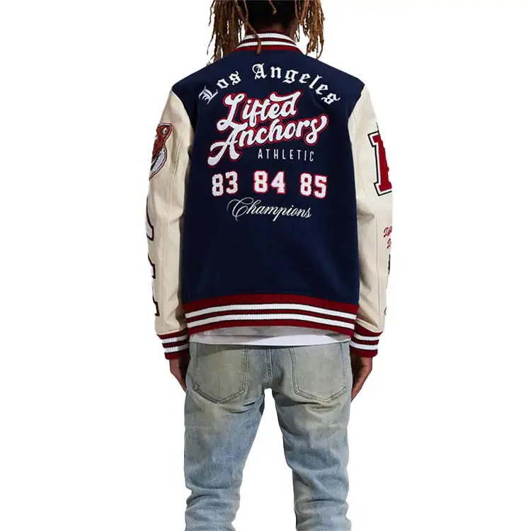 Куртка Giacca бейсбольная мужская с кожаными рукавами и вышивкой из хлопка, Черная